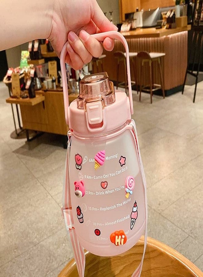 HaRvic Portable 1500ml Motivational Water Bottle with Straw Cute Water Bottle Jug with Strap and Stickers for Kids Fitness Gym Workouts Outdoor Sports Bottle for Women Men (Pink) - Image 3